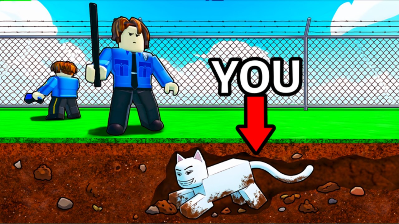 Un chat blanc creuse un tunnel sous la clôture du refuge pendant que des soigneurs patrouillent au-dessus dans The CAT sur Roblox