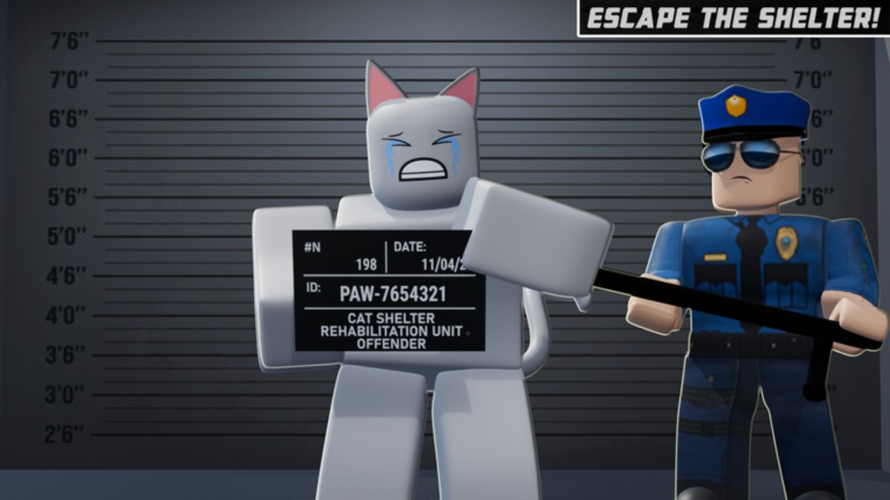 Un morph de chat en larmes tenant un panneau d'identité à côté d'un soigneur dans The CAT sur Roblox